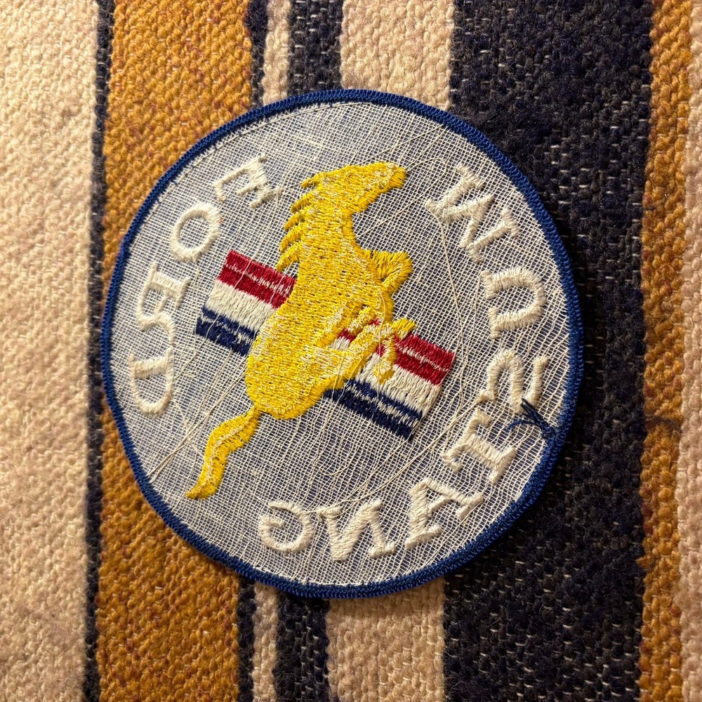 Vintage Ford Mustang Embroidered Patch Blue Yellow Pony Tri-Bar Logo 5 in Round - Picture 2 of 3